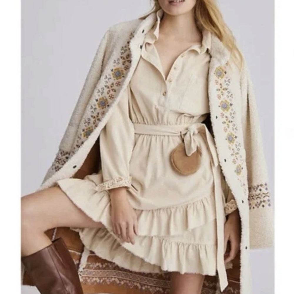 Anthropologie Pilcro Corduroy Ruffle Belted Cream Mini Dress
